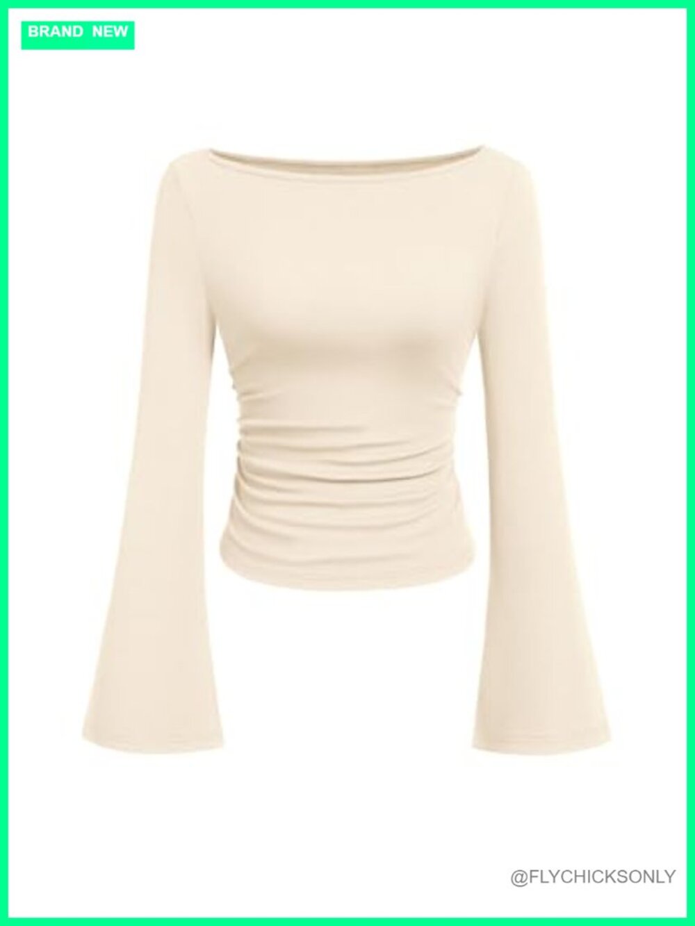 Long Sleeve Ribbed Knit Top Boat Neck Bell Sleeve Stretch